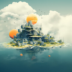 Sticker - Abstract digital landscape with floating islands.