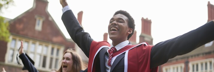 Poster - Joyful graduate in cap and gown lifting his arms in triumph with other happy students celebrating in the background