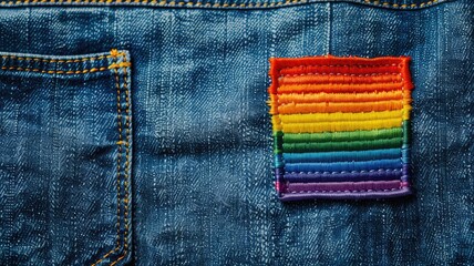 vibrant rainbow flag patch sewn onto blue denim fabric