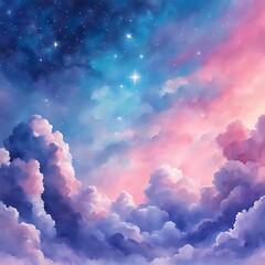 Watercolor sky with clouds and stars, dreamy, soft blue purple and pink color background , banner	