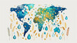 Artistic world map with watercolor splashes in blue and gold, featuring water droplets and wheat stalks at the bottom, symbolizing agriculture and water resources.