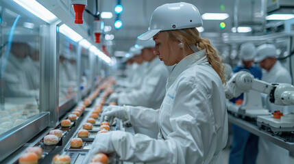Wall Mural - Workers in cleanroom suits inspecting products on a conveyor belt in a high-tech food processing facility, maintaining quality control in a sterile environment.