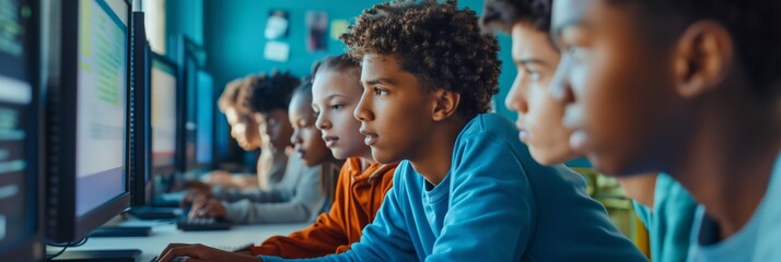 Sticker - A group of diverse students are intently focused on their computer screens, embodying modern education and technology use in school