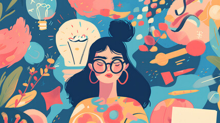 Sticker - Creative process concept in modern flat design for web. Woman generating new ideas, finding inspiration for creating drawing artworks. Vector illustration for social media banner, marketing material