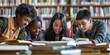 © gunzexx png and bg - A diverse group of students is engaged in reading books at a library table