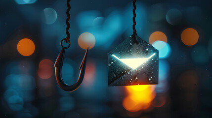 Wall Mural - phishing awareness a conceptual image of a fishing hook disguised as an email icon, warning viewers 