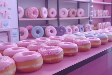 Rows of Pink Glazed Doughnuts in a Pink Store. Generative AI