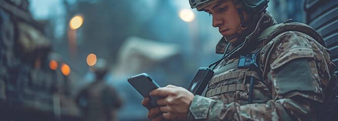 At a makeshift base, a uniformed soldier uses a tablet to analyse data and plan operations.