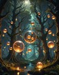 A fantasy forest with glowing hovering magical orbs. 