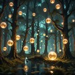 A fantasy forest with glowing hovering magical orbs. 