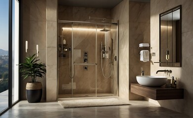 Wall Mural - Interior of a modern bathroom with beige tiles, shower cabin