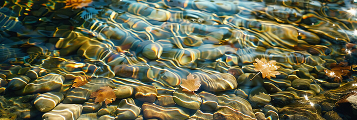 Canvas Print - clear water with pebbles and leaves, generative AI