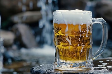 Wall Mural - Mug of Beer on Rock in Front of Waterfall. Generative AI