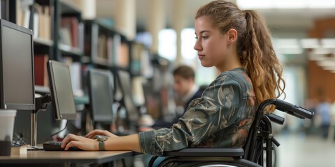 A focused teenage girl in a wheelchair uses a computer in a public library setting