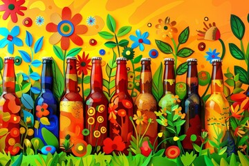 Wall Mural - Beer Bottles and Flowers Composition in a Garden. Generative AI