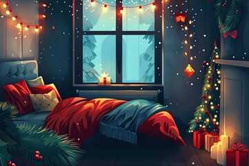 Wall Mural - Cozy bedroom with Christmas lights and decorations, illustration style 