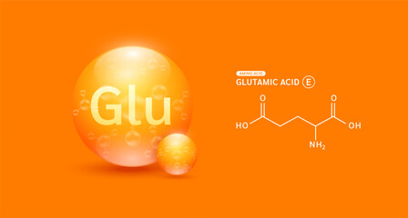 Wall Mural - Glutamic acid amino orange and chemical formula structural. Biomolecules that combine to form proteins nutrients necessary for health muscle. For dietary supplements ads. Medical scientific. Vector.