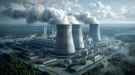 Wall Mural - Aerial View of a Large-Scale Nuclear Power Plant with Towering Cooling Towers and Extensive Infrastructure,Conveying the Scale and Scope of Nuclear