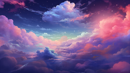 Wall Mural - Hand drawn cartoon illustration of beautiful colorful clouds in the night sky
