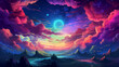 Hand drawn cartoon illustration of beautiful colorful clouds in the night sky
