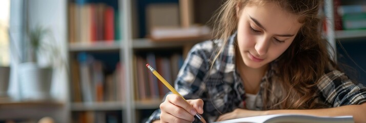 Wall Mural - A focused young woman is writing in a notebook, surrounded by books in an indoor study setting, denoting dedication to learning