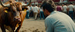 A man with a focused gaze, assesses a bull during San Fermín.