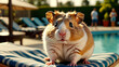 Cute hamster relaxing on a sun lounger near a pool.