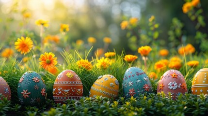 Wall Mural - Easter Eggs Adorned with Flowers in Sunshine