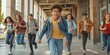 © gunzexx png and bg - Energetic teenagers sprinting together exuberantly outside a school building, signifying youthful enthusiasm and friendship