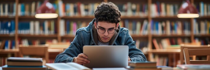 Canvas Print - A curly-haired student is engrossed in his work on a laptop in a library surrounded by bookshelves