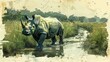 A rhino is walking through a grassy field and a river and about Rhino Conservation