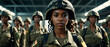 Young black woman wearing military uniform including camouflage fatigues and a helmet. She is ready for war to protect and serve her country.