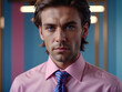 a close up of a man wearing a pink shirt and tie with a pink shirt with a pink tie and a pink shirt with a pink shirt with a blue stripe.