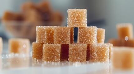 Wall Mural - Brown sugar cubes stacked on a white surface