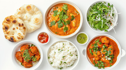 Wall Mural - A well-arranged Indian meal featuring curry, naan, rice and condiments, garnished with herbs