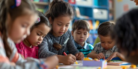 young students intently working on art projects in a bright classroom
