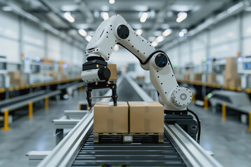 Robot arms in a warehouse preparing boxes for delivery on a conveyor belt.