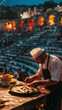 Chef serving flounder at an ancient Greek amphitheater historical and dramatic
