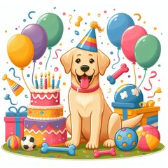 Wall Mural - A dog wearing a party hat and sitting next to a cake with balloons and confetti image realistic attractive lively has illustrative meaning illustrator.