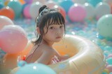 Fototapeta Dinusie - A little Asian girl on pool floatie in swimming pool. Holidays, kids, resort, fun, happy, family, party concept. 