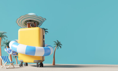 Wall Mural - Yellow suitcase with beach accessories. summer travel, vacation concept. 3d rendering