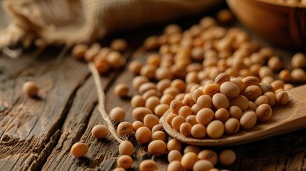 Poster - Close up of soybeans with a wooden spoon and cup