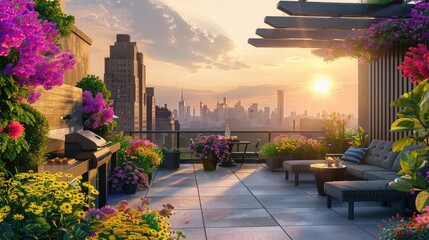 Wall Mural - Beautiful rooftop garden with colorful flowers, seating area and barbecue station in New York City at sunset. Luxury home interior design of modern city apartment. real photo