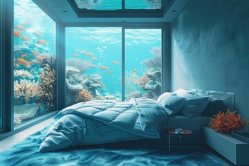 Wall Mural - Submerged serenity: mesmerizing underwater house room reveals aquatic wonders through panoramic aquarium windows, a tranquil retreat in the heart of the deep blue