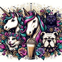 Wall Mural - Many animals include dogs cats unicorns and a drink image art art has illustrative meaning illustrator.