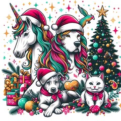 Wall Mural - Many animals include dogs cats unicorns with christmas tree and presents art harmony used for printing illustrator.