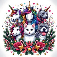 Wall Mural - Many animals include dogs cats unicorns with unicorns and a dog image art realistic photo lively illustrator.