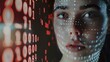 Womans face merges with a matrix of binary codes, symbolizing AIs essence, Ai Generated