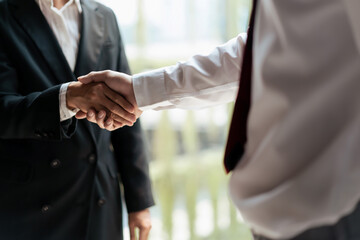 Wall Mural - HR manager woman shaking hand with male candidate after successful job interview in office