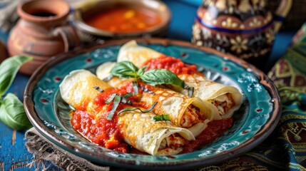 Wall Mural - Hearty stuffed crepes topped with sauce and basil on a blue ceramic plate with a clay jug and soup bowl in the background